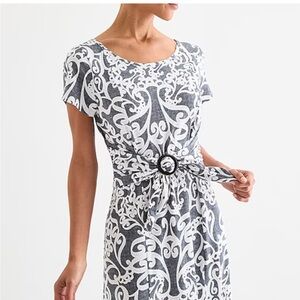 Perceptions Womens Short Sleeve Scroll Midi Fit + Flare Dress - Size Small- Grey